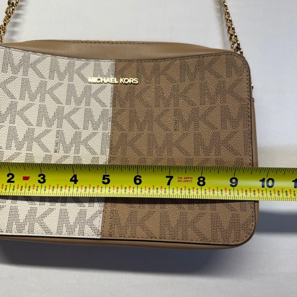 Michael Kors Neutral Colorblock MK Logo Crossbody Chain Purse Vanilla Camel - Picture 10 of 11